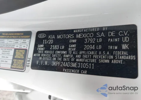 2021 Kia Forte Lxs из США, поврежденный, VIN 03KPF24AD3ME31051